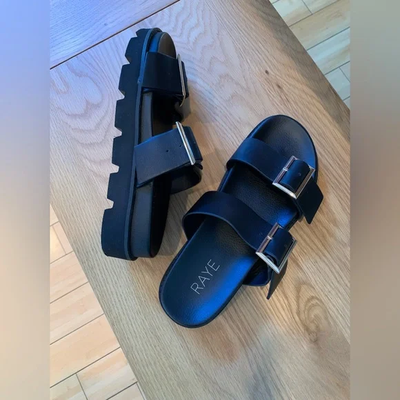 RAYE Clifton Double Buckle Sandals in Black Leather - Picture 2 of 3